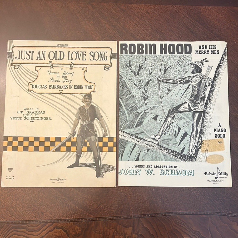 Vtg ROBIN HOOD Theme Song JUST AN OLD LOVE SONG Piano Sheet Music 1922 1962